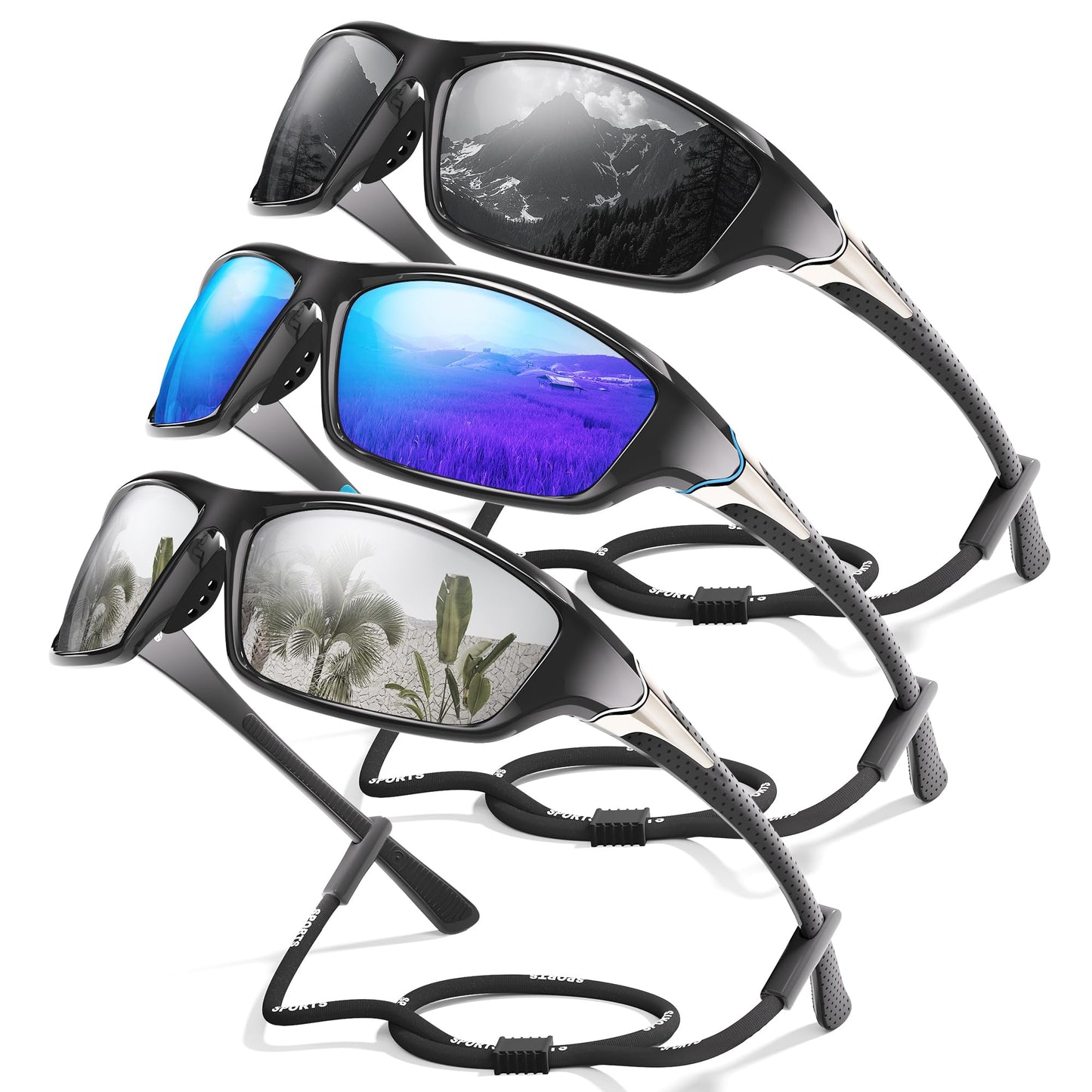 Foliful 3 Pack Polarized Sports Sunglasses for Men, Mens Sunglasses Wrap Around UV400 Protection for Cycling Fishing Driving